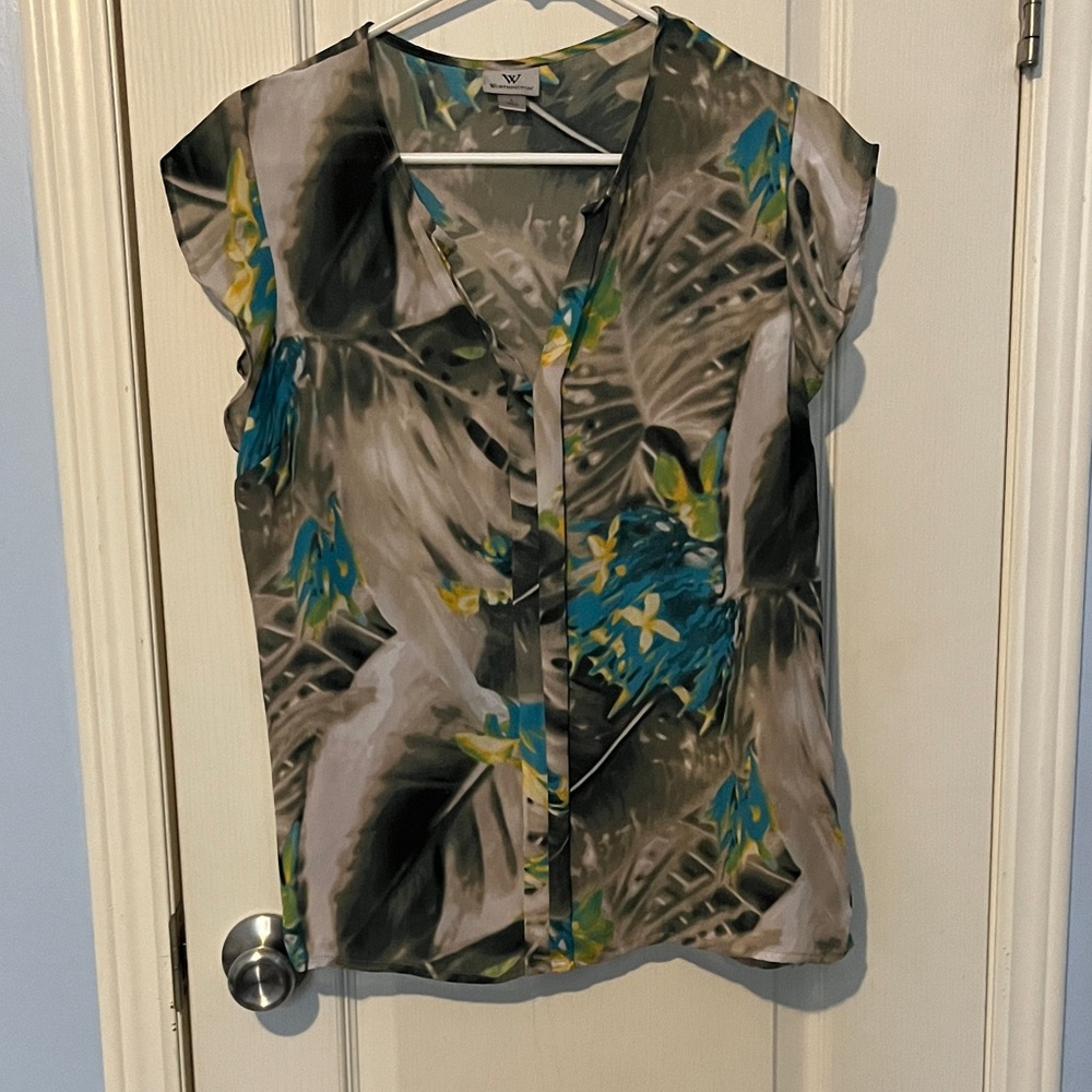 Worthington Tropical Print Blouse - Blue, Green, Gray